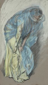 Studie voor vrouw in gele jurk met blauwe sluier door Edwin Austin Abbey