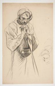 Studie van een geklede figuur, biddend, voor de muurschilderingserie De Zoektocht naar de Heilige Graal in de Boston Public Library door Edwin Austin Abbey