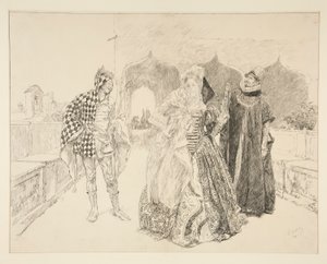De Clown en Malvolio, illustratie voor Act I, Scene v, Twelfth Night door Edwin Austin Abbey