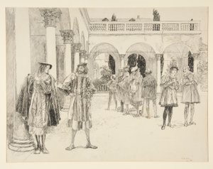 Het hof van het paleis, uit Act IV, Scene ii, Twee edellieden van Verona door Edwin Austin Abbey