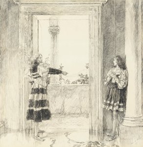 De hertog verdrijft Valentine, uit Act III, Scene i, Twee edellieden van Verona door Edwin Austin Abbey