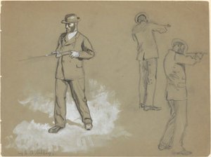 Drie schetsen van een man met een geweer (recto); Figurenstudies en portret van A. S. Wina (?) (verso) door Edwin Austin Abbey
