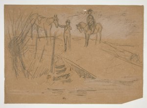 Twee mannen en twee paarden in een landschap - niet-geïdentificeerde illustratie