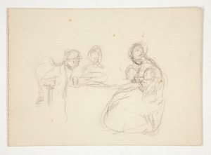 Ongedefinieerde illustratie - Studie van figuren aan een tafel. Zittende man op de achterkant.