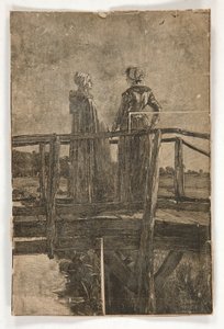 Houtsnede zonder titel door E.A. Abbey (?) van twee dames op een houten voetbrug - illustratie voor William Black door Edwin Austin Abbey