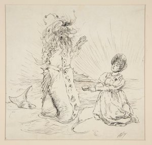 Vrouw en slang op het strand, schets voor The Lay of the Lobster door Edwin Austin Abbey