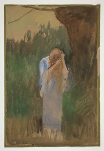 Vrouw in landschap, kamt haar lange, blonde haar - (onbekende illustratie)