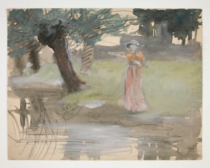 Vrouw staand bij een rivier - niet-geïdentificeerde illustratie