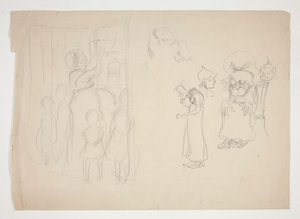 Vrouw met kinderen en cartoon - niet-geïdentificeerde illustratie door Edwin Austin Abbey