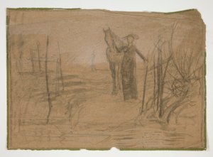 Vrouw met paard in landschap - niet-geïdentificeerde illustratie