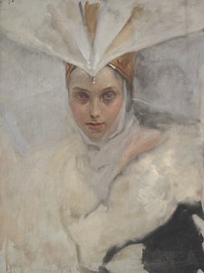 Vrouw met Visarend Hoofdband en Witte Bontkraag door Edwin Austin Abbey