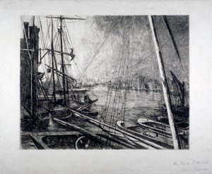 Pool van Londen vanuit Rotherhithe, met schepen op de voorgrond, ca. 1890 door Edwin Edwards