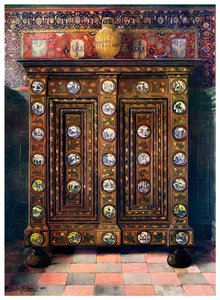 Walnoot kas ingelegd en met geschilderde medaillons van Delfts aardewerk, 1910 door Edwin Foley