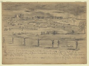 Executie van vijf deserteurs van de 118e Pennsylvania Vrijwilligers, 1e Divisie, 5e Korps, voor het gehele 5e Korps, Beverly Ford, Va. door Edwin Forbes