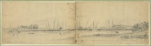 Het leger van de Potomac steekt de James rivier over nabij Fort Powhattan op pontons door Edwin Forbes
