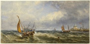 Kustzicht met schepen door Edwin Hayes