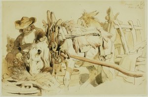 Een Boer die zijn Pony Voert in Genève (recto); Zittende Monnik (verso) door Edwin Henry Landseer