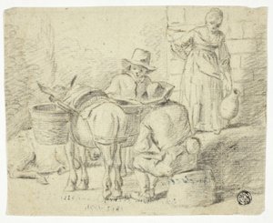 Mannen en ezels, vrouw met waterkruik door Edwin Henry Landseer