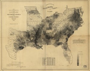 Kaart met de verdeling van de slavenbevolking van de zuidelijke staten van de Verenigde Staten, samengesteld uit de volkstelling van 1860