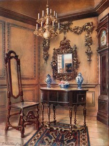 Betimmering, met Grinling Gibbon houtsnijwerk. Spiegel lijst, walnoot tafel, William en Mary. Walnoot stoel, Charles Wesley
