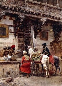 Ambachtsman die kisten verkoopt bij een teakhouten gebouw, Ahmedabad door Edwin Lord Weeks