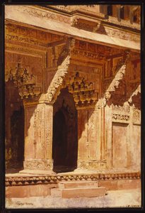 Curieus bewerkte rode zandstenen bogen, Fort Agra, India, ca. 1885-95