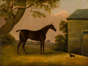 Bay Hunter en een terriër buiten een stal, ca. 1805