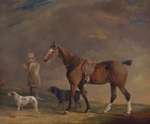 Een jager met schietpony en jachthonden door Edwin W. Cooper of Beccles