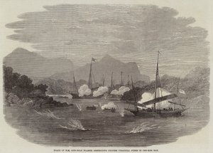 Boten van HM kanonneerboot Flamer vernietigen Chinese piratenjonken in Cho-Kee Bay door Edwin Weedon
