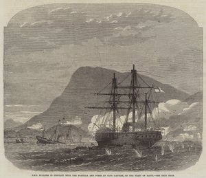 HMS Bulldog in conflict met de vloot en forten bij Cape Haytien, aan de kust van Haïti door Edwin Weedon