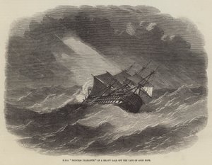 HMS Princess Charlotte in een zware storm bij Kaap de Goede Hoop