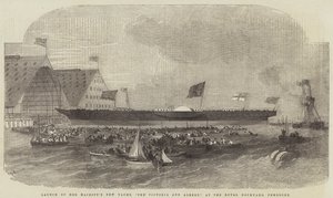 Te water laten van Hare Majesteits Nieuwe Jacht, De Victoria en Albert, bij de Koninklijke Scheepswerf, Pembroke door Edwin Weedon