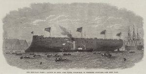 Onze gepantserde vloot, tewaterlating van HMS Lord Clyde, stoomram, in Pembroke Dockyard