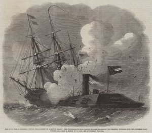 De Burgeroorlog in Amerika, Zeeslag in Hampton Roads, de Geconfedereerde IJzeren Stoomboot Merrimac (of Virginia) botst tegen de Federale Sloep Cumberland door Edwin Weedon
