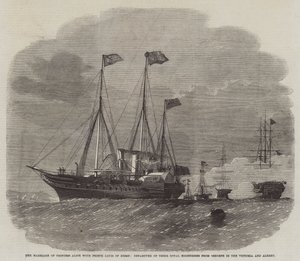 Het huwelijk van prinses Alice met prins Louis van Hessen, vertrek van hun koninklijke hoogheden uit Osborne in de Victoria en Albert door Edwin Weedon