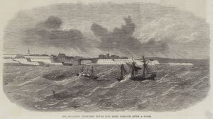 Het Melmerby troepenschip gesleept naar de haven van Brest na een storm