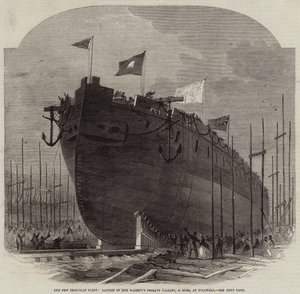 De nieuwe ijzeren vloot, tewaterlating van Hare Majesteits fregat Valiant, 34 kanonnen, in Millwall