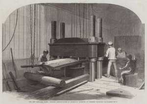 De nieuwe ijzeren vloot, bepantseringsplaten buigen door hydraulische druk in Chatham Dockyard door Edwin Weedon