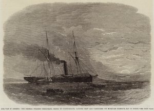 De oorlog in Amerika, de federale stoomboot Chesapeake, in beslag genomen door de Confederates, bemanning en passagiers aan land gezet bij Musquash Harbour, Bay of Fundy