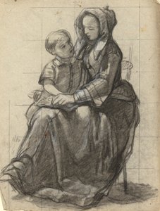 Moeder en Kind, schets voor Ondertekening van het Verdrag in de Hut van de Mayflower door Edwin White