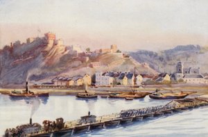 De Rijn: Ehrenbreitstein, De brug van boten (kleur litho) door Effie Jardine
