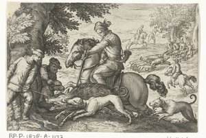 Heuvelachtig landschap met jacht op wilde zwijnen door Egbert Jansz.