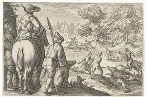 Landschap met jacht op wilde zwijnen door Egbert Jansz.