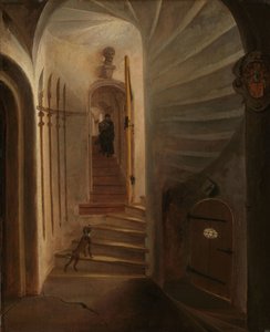 Portaal van een traptoren, met een man die de trap afdaalt: vermoedelijk het moment voor de moord op Willem de Zwijger in het Prinsenhof, Delft door Egbert Lievensz. van der Poel (attributed to)