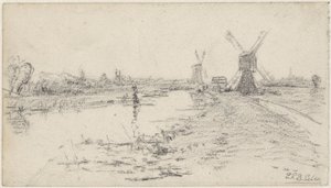 Landschap met rivier en twee molens