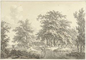 Boomrijk landschap met enkele groepjes figuren door Egbert van Drielst