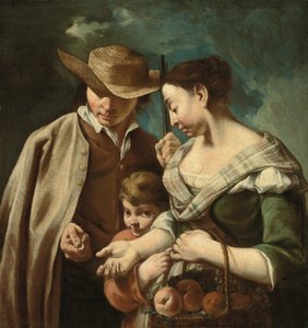 Een fruitverkoper en een jonge jongen, met een mand perziken, peren en druiven, in een landschap, met een man die een geweer en een munt vasthoudt, ca. 1705-84 door Egidio (attr.to) Dall