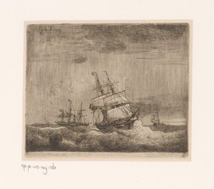 Zeilschepen en een raderstoomschip op zee door Egidius Linnig