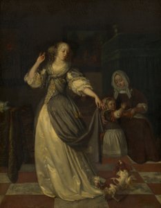 Dame met hond aan het spelen
