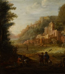 Boslandschap met twee jagers bij de ingang van een vallei door Eglon van der Neer